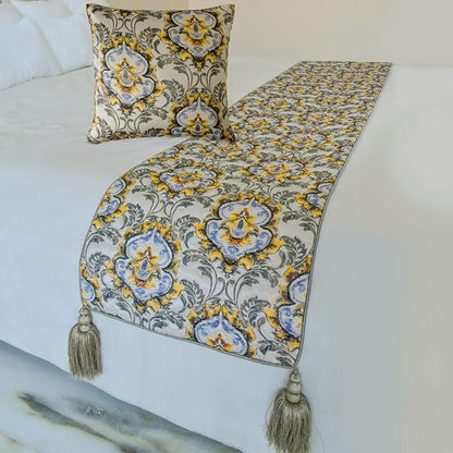 The HomeCentric King/Queen/Twin Grey Decorative King 90"x18" Bed Runner Without Pillow Cover, Quilted, Damask & Tassels Bed Scarf on Jacquard Fabric - Damask Blaze