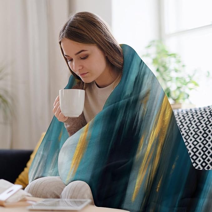 Fashion Gradient Blanket, Modern Abstract Art Gold Lake Blue Painting Strokes Pattern Soft Warm Cozy Plush Flannel Covers for Livingroom Bedroom Couch Chair Camping Travel Home Decor Tapestry 40x50in