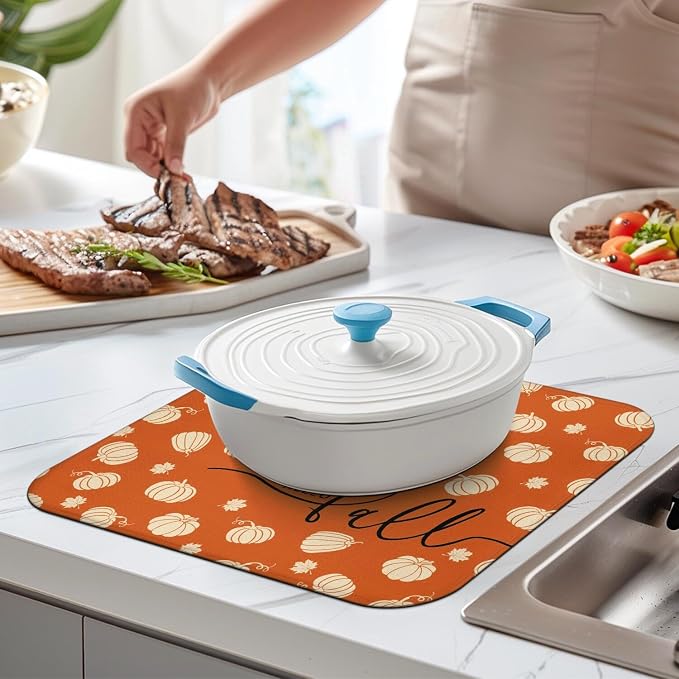Fall Dish Drying Mat for Kitchen Counter, Washable Absorbent Countertop Harvest - Image 3