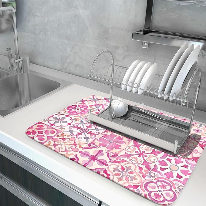 Pink Mexican Tiles Dish Drying Mat Absorbent Microfiber Dish Drying Pad - Image 5