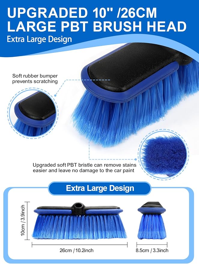 PBT Car Wash Brush with Long Handle 10'' Larger Soft Bristle Brush Head Rubber - Image 3