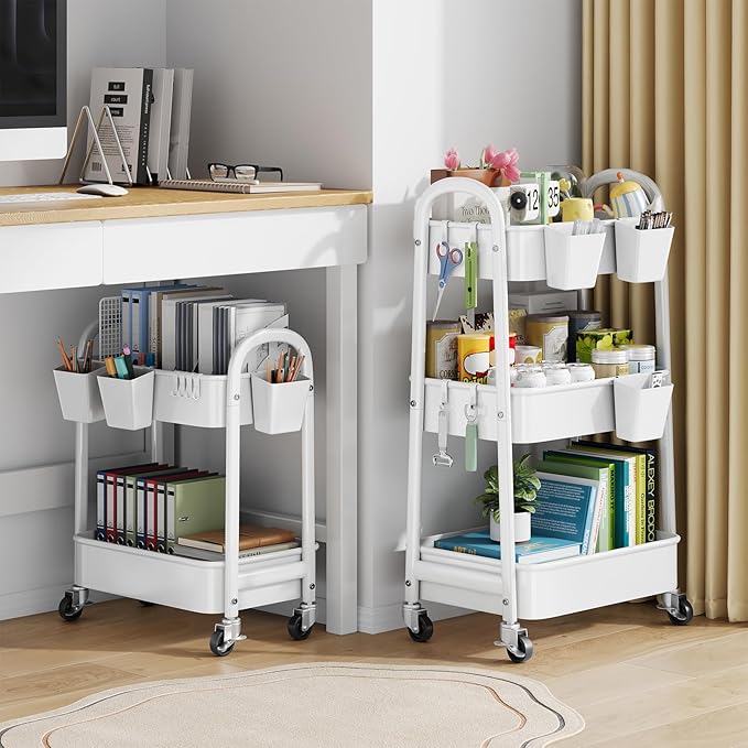 2 Tier Rolling Cart Metal with Wheels, Two Tiered Short Shelf Trolley, Small by Recximi