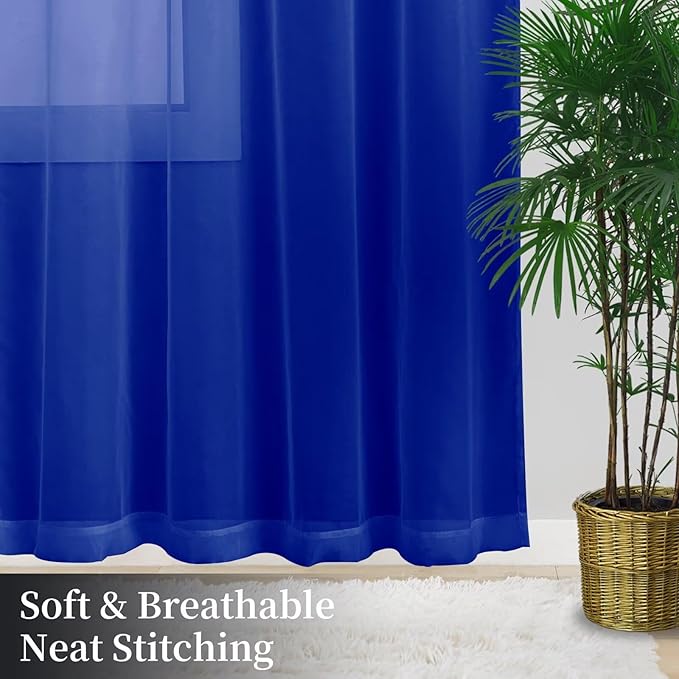 Sheer Curtains 63 Inches Long 2 Panels, Rod Pocket Short Curtain for Kitchen, Bedroom, Cafe Window(Blue Sapphire 38" W x 63" L)