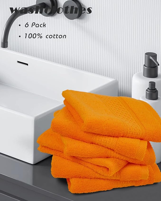 Cleanbear Washcloths Orange Face Cloths Set of 6 Large All Cotton Bathroom Wash - Image 2