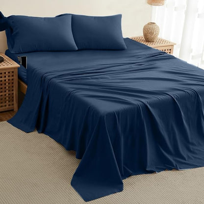 DREAMCARE Twin XL Sheet Sets - 4pc Cooling Sheets XL Twin - Twin XL Sheets up to 21” Deep Pocket – Hotel Luxury Extra Long 100% Brushed Microfiber with Side Pocket - N. Blue