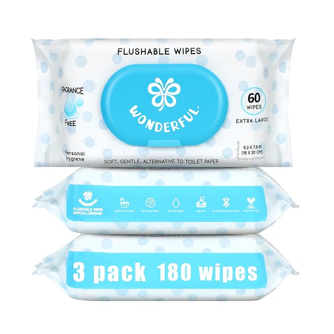 WONDERFUL Flushable Butt Wipes, Unscented 100% Plant-Based Wet Wipes by WONDERFUL-Wipes
