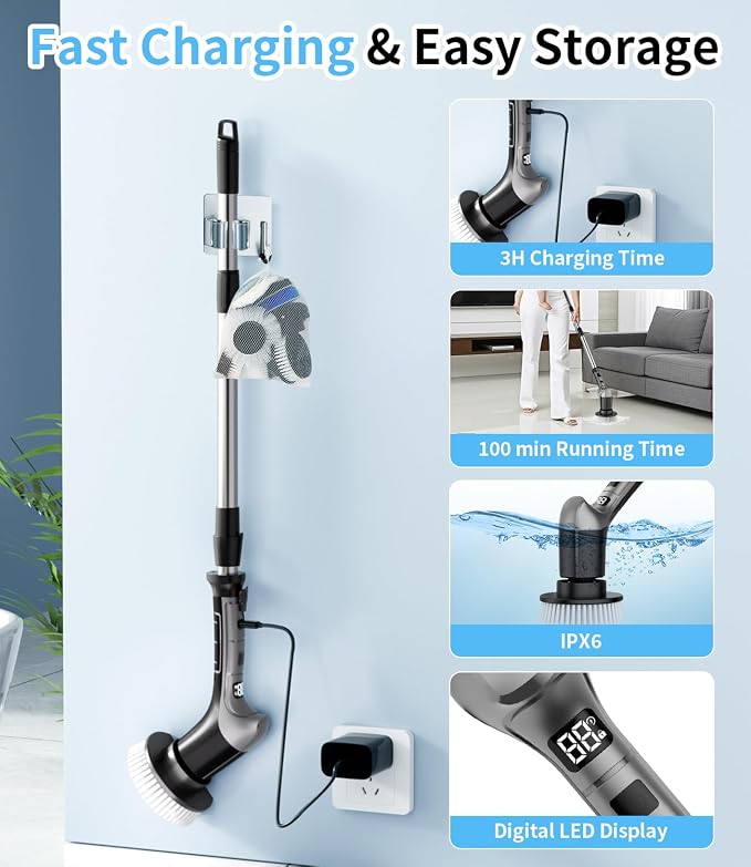 Electric Spin Scrubber with 3 Speed, Adjustable Extension Handle, 8 Brush Heads - Image 6