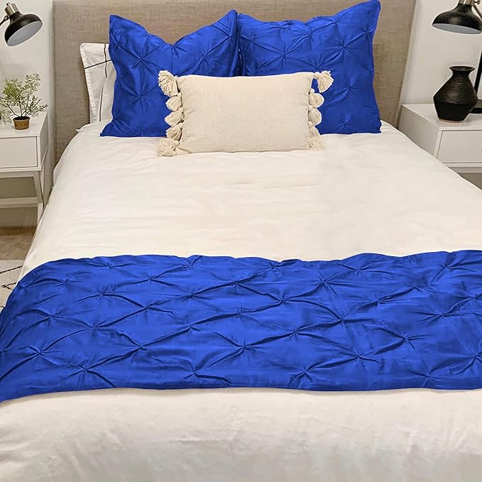 Bed Runner Set - 100% Pure Cotton 800 Thread Count - Luxury 1 Pinch Pleated Bed Runner and 2 Pillow Cover - 3 Piece Pinch Pleated Bed Runner Set Twin, Royal Blue