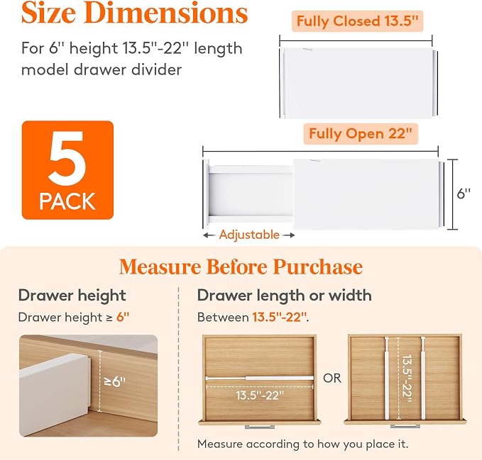 Lifewit 5 Pack Drawer Dividers Plastic 6" High, 13.5-22" Adjustable Drawer - Image 2