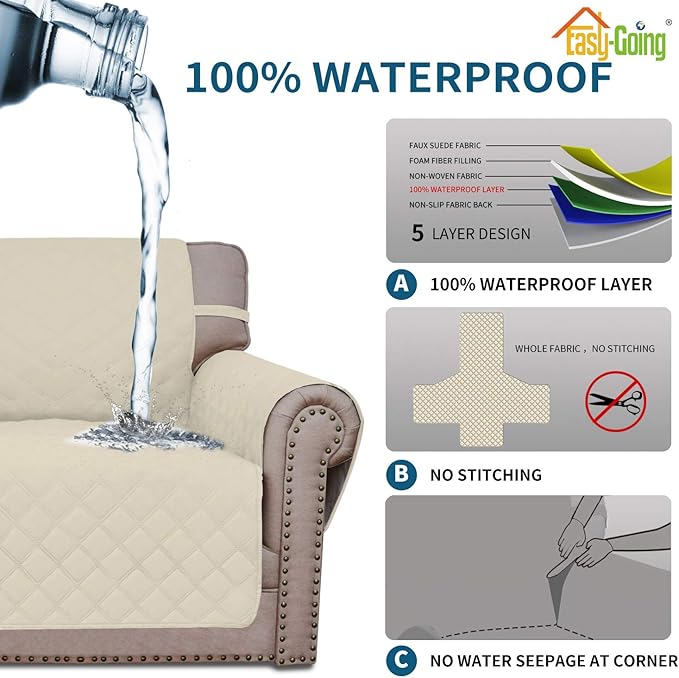 Easy-Going Sofa Slipcover Waterproof Couch Cover for 3 Cushion Couch Sofa Cover Furniture Protector Cover Pets Covers Washable Non-Slip Fabric Pets Kids Children Dog Cat (Sofa, Ivory)