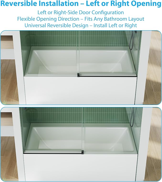 Bathtub Shower Door, Matte Black 304 Stainless Steel Top Rail, One Fixed One - Image 3
