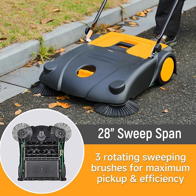 Hoteche 28-Inch Walk Behind Outdoor Manual Push Floor Sweeper, 4-Gallon Capacity - Image 4