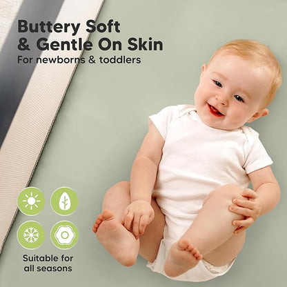 2-Pack Waterproof Pack and Play Sheets, Mini Crib Sheets Fitted for Boy, Girl - 38 x 26 Viscose from Bamboo Pack N Play Mattress Sheets for Graco, Toddler Playard Baby Crib Sheets Neutral (Foxtrot)