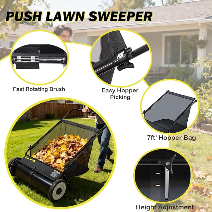 Push Lawn Sweeper, 26-Inch Width, 7 Cu. Ft. Hopper Capacity, 4 Spinning Brushes - Image 3