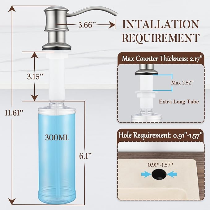 Built in Soap Dispenser for Kitchen Sink Countertop, Solid Brass Pump Head Long - Image 8