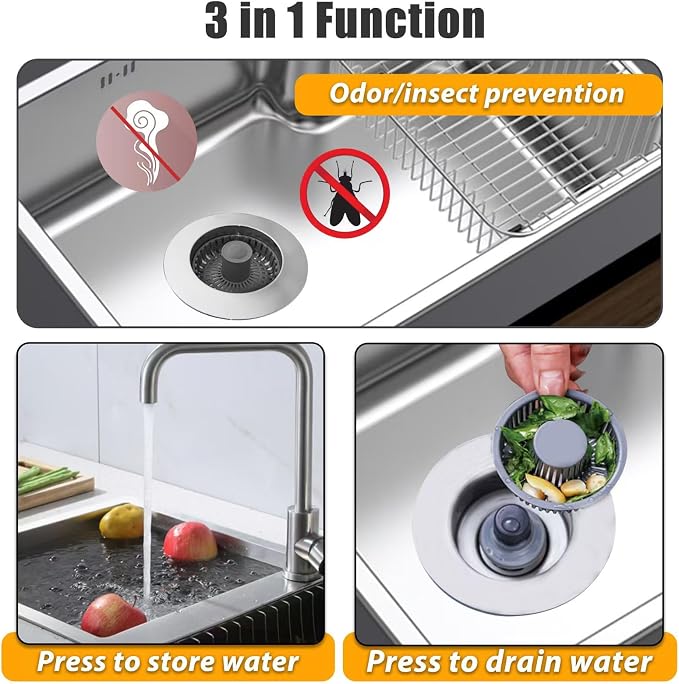 Kitchen Sink Drain Strainer, 3 in 1 Pop Up Kitchen Sink Stopper, - Image 3