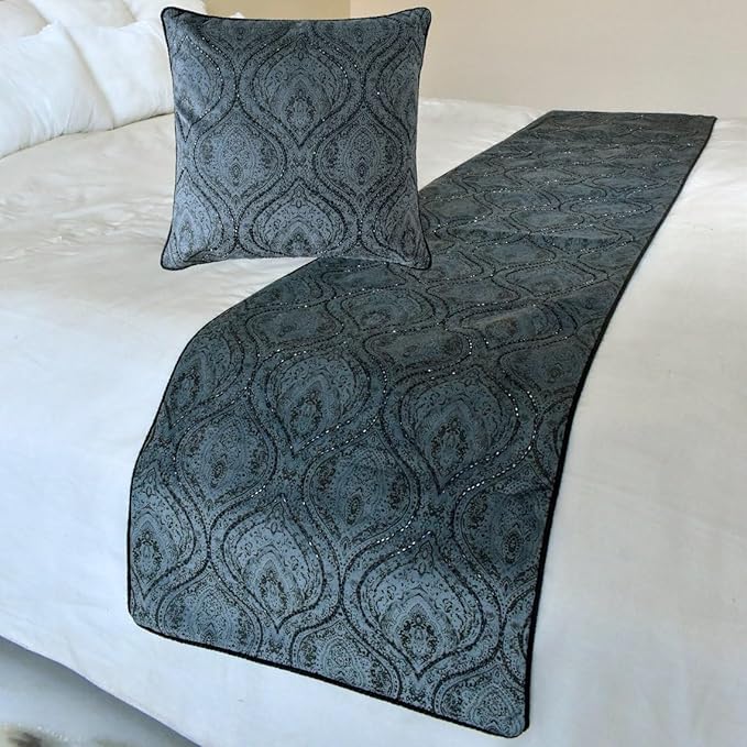 The HomeCentric King/Queen/Twin Gray Decorative Queen 74"x18" Bed Runner Without Pillow Cover, Damask, Victorian & Bead Embroidery Bed Scarf on Suede Fabric - Beatrice