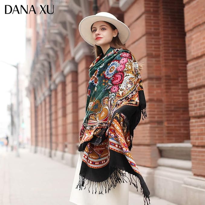 DANA XU 100% Merino Wool Pashmina Shawl for Women 96"x43", Oversized Cashmere Wrap with Tassels, Floral Travel Blanket Cape