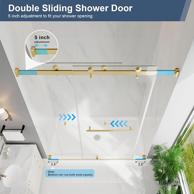 Frameless Double Sliding Shower Doors, 55-60" W x 76" H Shower Glass Door - Image 6