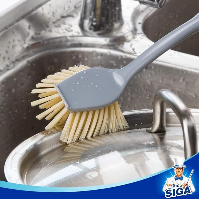 MR.SIGA Dish Brush with Long Bamboo Handle Built-in Scraper, Scrub Brush - Image 4