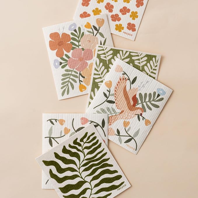 RECYCO Swedish Dishcloths for Kitchen | 6 Pack Birdsong and Blooms Washable - Image 9