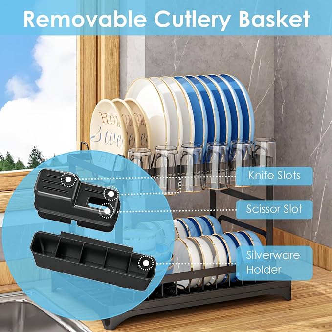 Dish Drying Rack for Kitchen Counter 2 Tier Iron Dish Drainer - Image 4