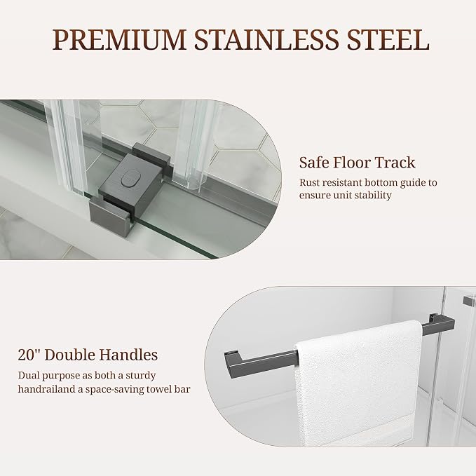 62-67" W x 76" H Frameless Shower Door, Double Sliding Glass Shower Door - Image 8