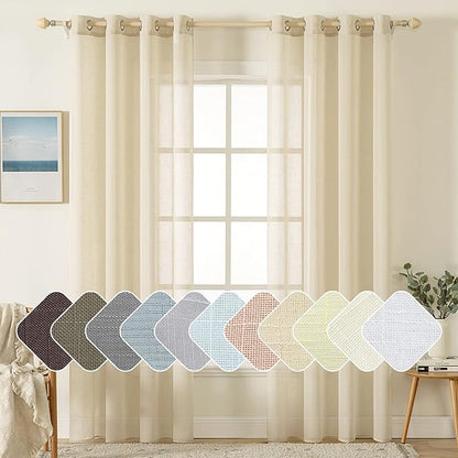 MIULEE 2 Panel 90 Inch Natural Light Beige Linen Semi-Sheer Window Curtains - Elegant Solid Drapes with Grommet Top - Voile Panels Textured for Bedroom or Living Room (52" W X 90" L)
