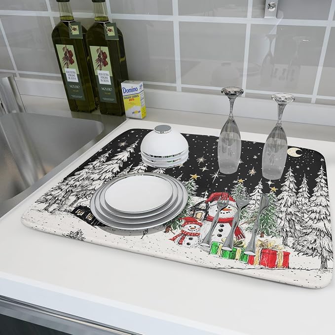 Winter Snowman Dish Drying Mat 24 X 18 in Black Microfiber Dish Pad Absorbent - Image 6