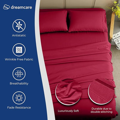 DREAMCARE California King Sheet Sets - Cooling Bed Sheets - 4pcs Set - up to 15" Deep Pocket Cal King Sheets - California King Sheets - Soft & Lasting 100% Brushed Polyester with Side Pocket -Burgundy