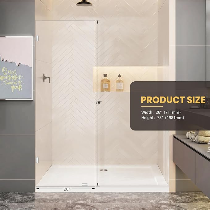 28" W x 78" H Frameless Shower Glass Panel, Single Fixed Shower Panel Screen - Image 3