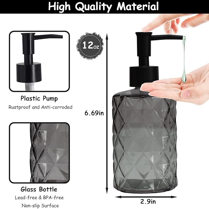 Glass Soap Dispenser with Black Plastic Pump, 12oz Refillable Liquid Hand Soap - Image 3