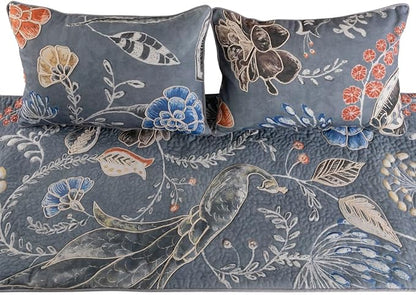 The HomeCentric Blue Bed Runner, Twin Size 53"x18" Decorative Bed Runner with Matching Pillow Cover, Blue Linen Bed Scarf in Quilted Peacock, Linen & Jute Embroidery - Peacock Willow