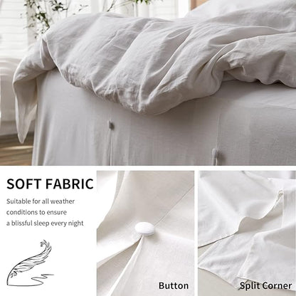 BISELINA French Linen Bed Skirt Split Corner with Button 14-Inch Tailored Drop Natural Flax Cotton Blend Basic Dust Ruffle Soft Cozy (14" Queen,Button White)