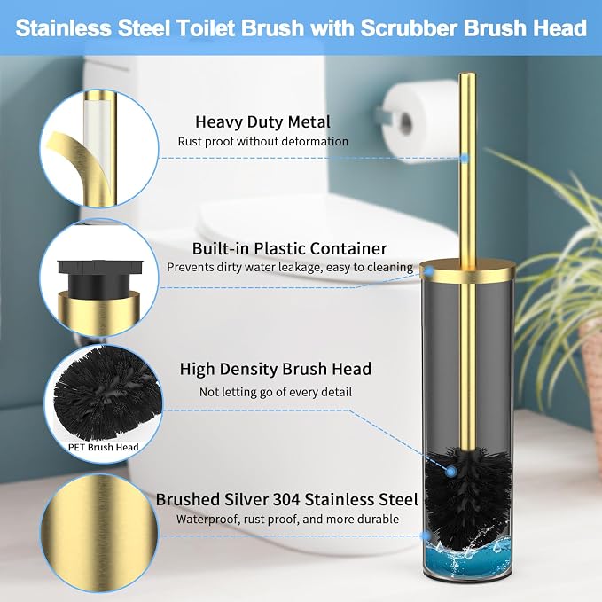 Stainless Steel Toilet Brush and Holder Set Brushed Gold Heavy Duty Toilet Bowl - Image 2
