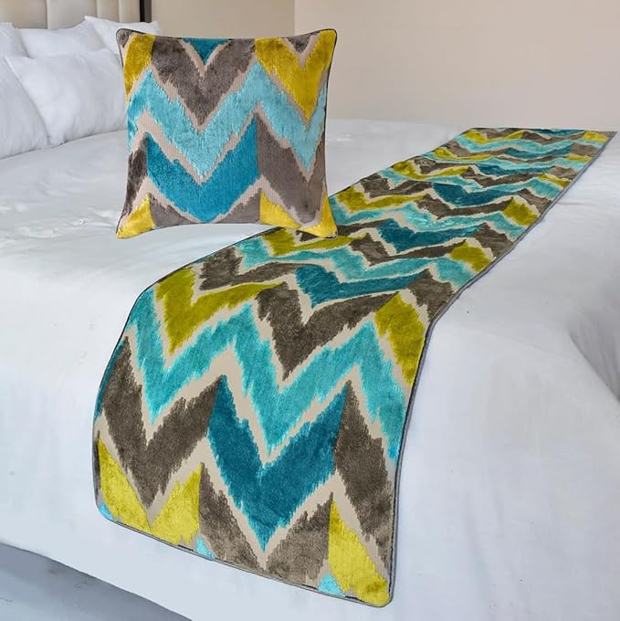 The HomeCentric King/Queen/Twin Blue Decorative Twin 53"x18" Bed Runner with Two Pillow Cover, Velvet, Peacock Colors & Ombre Bed Scarf on Velvet Fabric - Plume Palatte