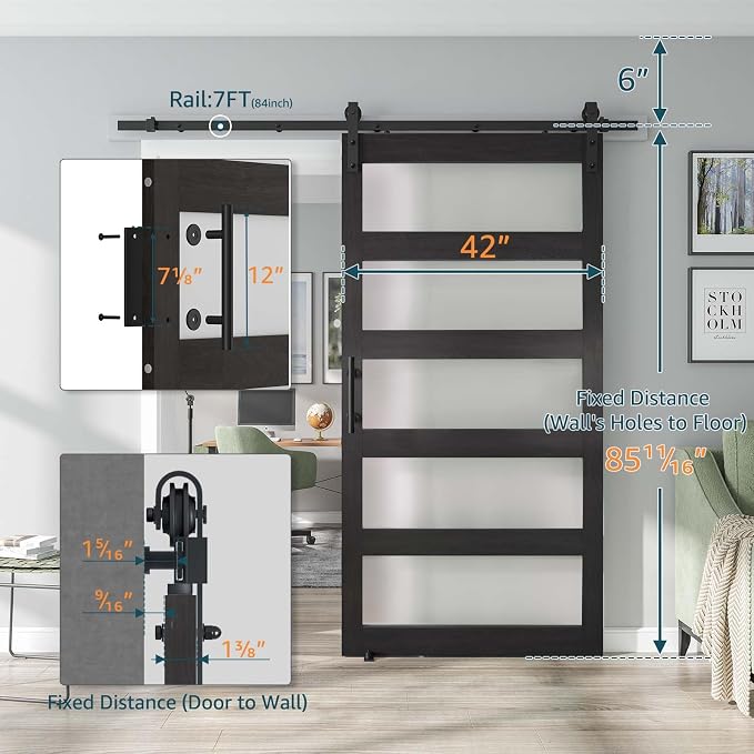 42'' x 84'' Glass Barn Door and 7 Ft Hardware Kit Included, MDF White Barn Door - Image 2