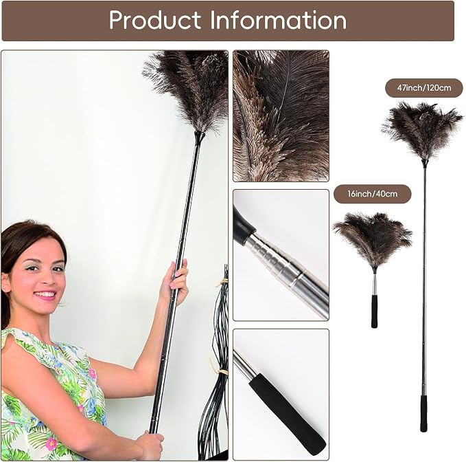 THARAHT Extendable Ostrich Feather Duster up to 16-47 inches Fluffy Feathers - Image 2