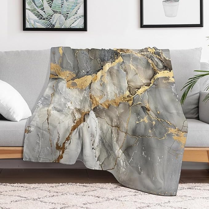 Modern Marble Blanket, Abstract Luxury Baroque Gold Grey Gradient Stone Veins Pattern Soft Warm Cozy Plush Flannel Covers for Livingroom Bedroom Couch Chair Camping Travel Home Decor Tapestry 60x80in