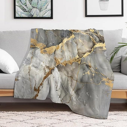 Modern Marble Blanket, Abstract Luxury Baroque Gold Grey Gradient Stone Veins Pattern Soft Warm Cozy Plush Flannel Covers for Livingroom Bedroom Couch Chair Camping Travel Home Decor Tapestry 60x80in