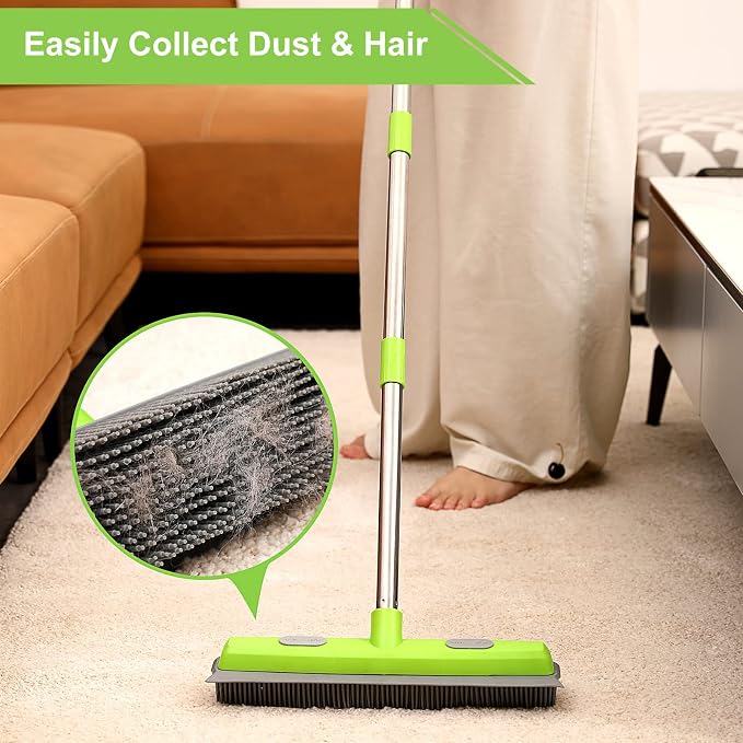 Rubber Broom with Squeegee for Carpet Pet Hair Remover, 57 inch Long Handled - Image 2
