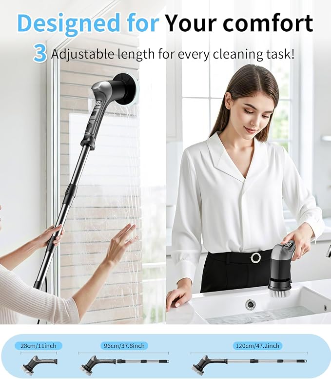 Electric Spin Scrubber with 3 Speed, Adjustable Extension Handle, 8 Brush Heads - Image 5