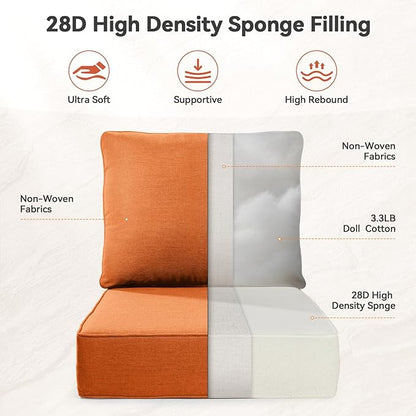 Luxury 6" Outdoor Cushions for Patio Furniture, 24x24x6" Thick Seat Cushion Set of 6, Fade Resistant Couch Chair Replacement Cushions High Density Deep Wicker Chair Cushion w/ Removable Cover, Orange