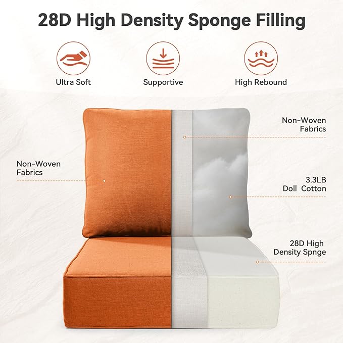 Luxury 6" Outdoor Cushions for Patio Furniture, 24x24x6" Thick Seat Cushion Set of 8, Fade Resistant Couch Chair Replacement Cushions High Density Deep Wicker Chair Cushion w/ Removable Cover, Orange
