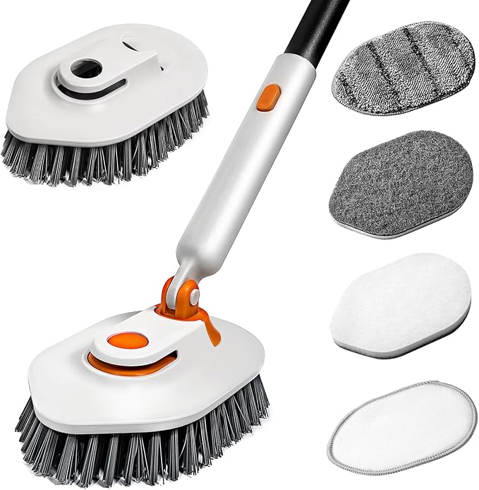 Bathroom Scrub Brush with Long Handle, 3-in-1 Tub and Tile Cleaner with 5 by CALZZLE
