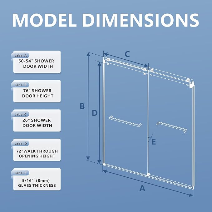 50-54" W x 76" H Frameless Shower Door, Double Sliding Glass Shower Door - Image 3