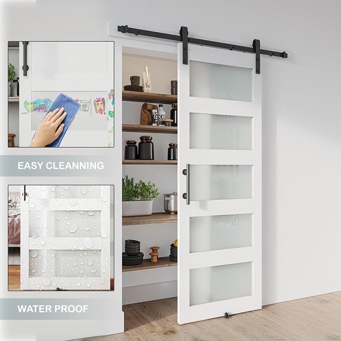 32'' x 96'' Glass Barn Door and 6 Ft Hardware Kit Included, MDF White Barn Door - Image 5