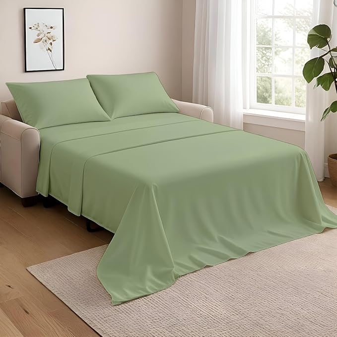 NON Sticky cotton Twin Size Sleeper Sofa Sheets, 4 Piece Egyptian Cotton Bed Sheet Set for Sofa Bed, 7" Deep Pocket for Pull Out Couch Mattress, 39" x 75", Sage Solid, Soft & Breathable