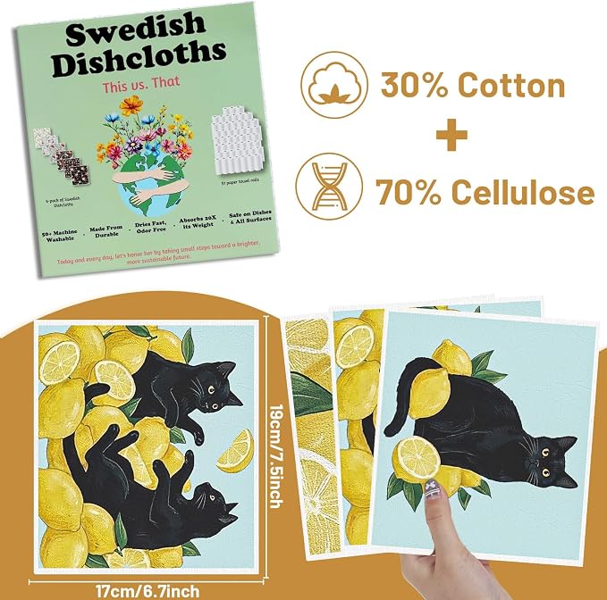 Swedish Dishcloths for Kitchen, 6 Pack Lemon and Balck Cat Reusable Dish Paper - Image 2