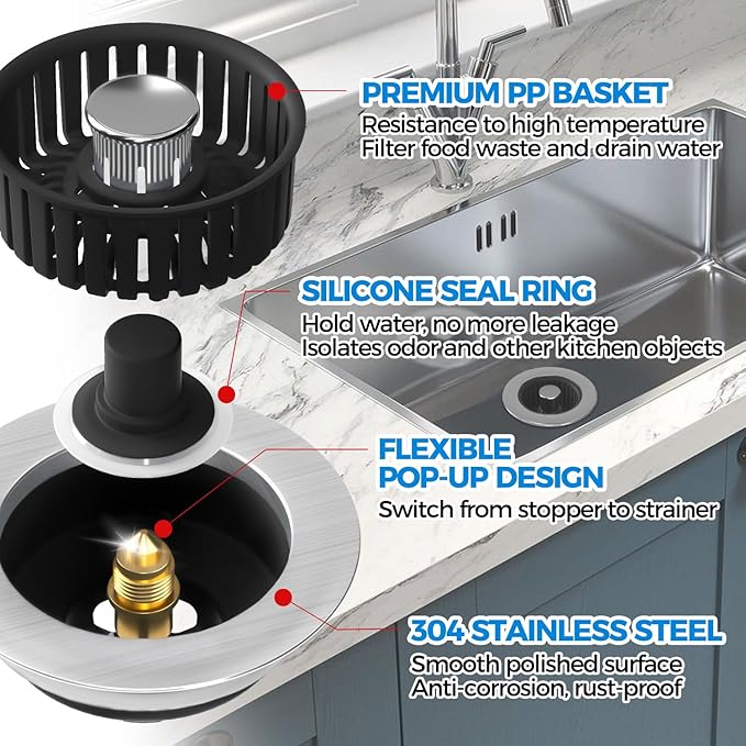 zaa Sink Drain Strainer - 3 in 1 Kitchen Sink Stopper - Image 5
